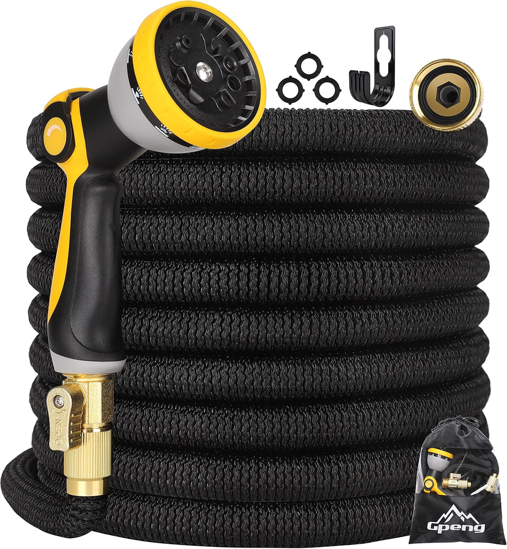 100ft Expandable Garden Hose with 10 Function Spray Nozzle, Solid Brass Fittings, Pack of 2 S735