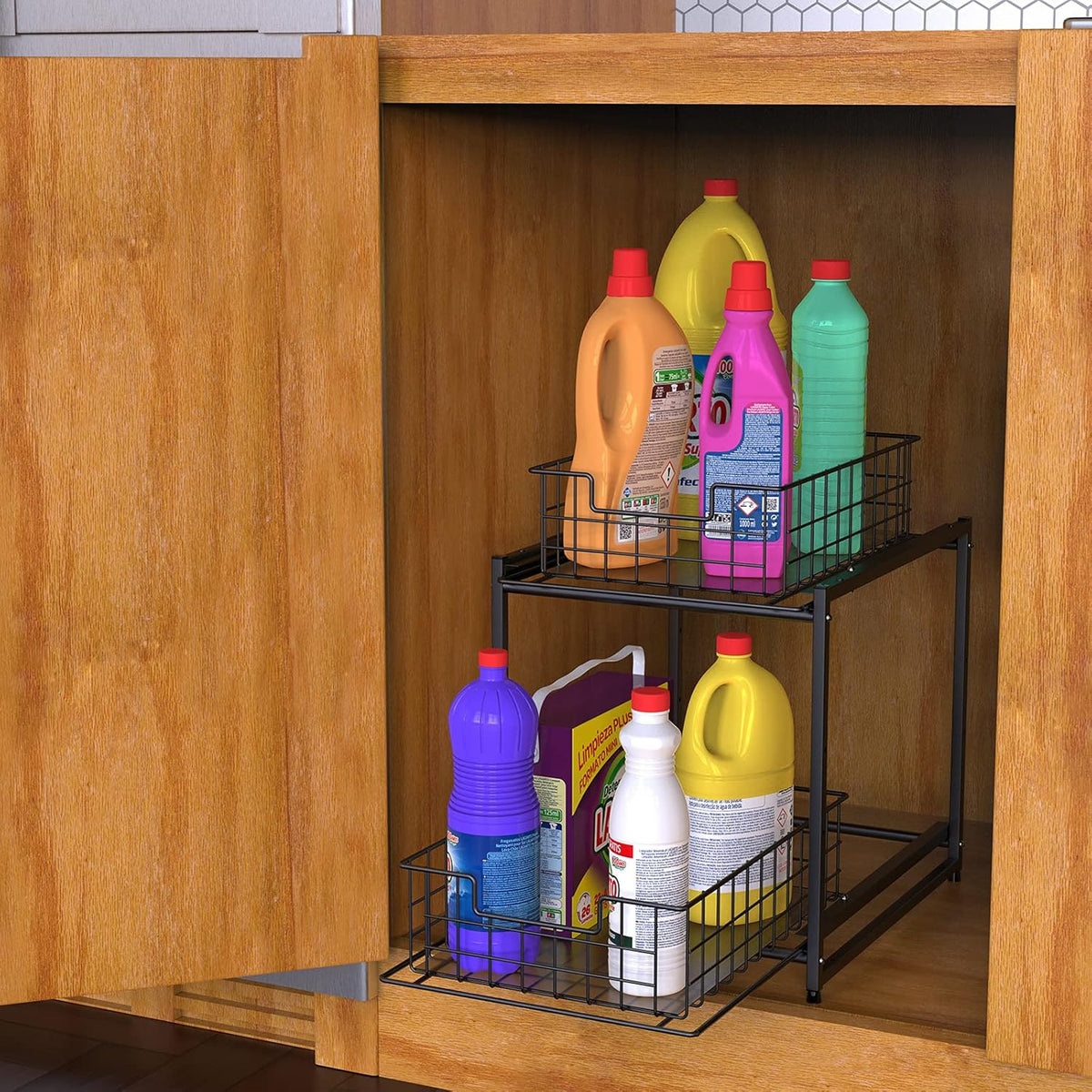 Black Stackable 2-Tier Kitchen Cabinet Organizer with Sliding Storage Basket Drawers F878456