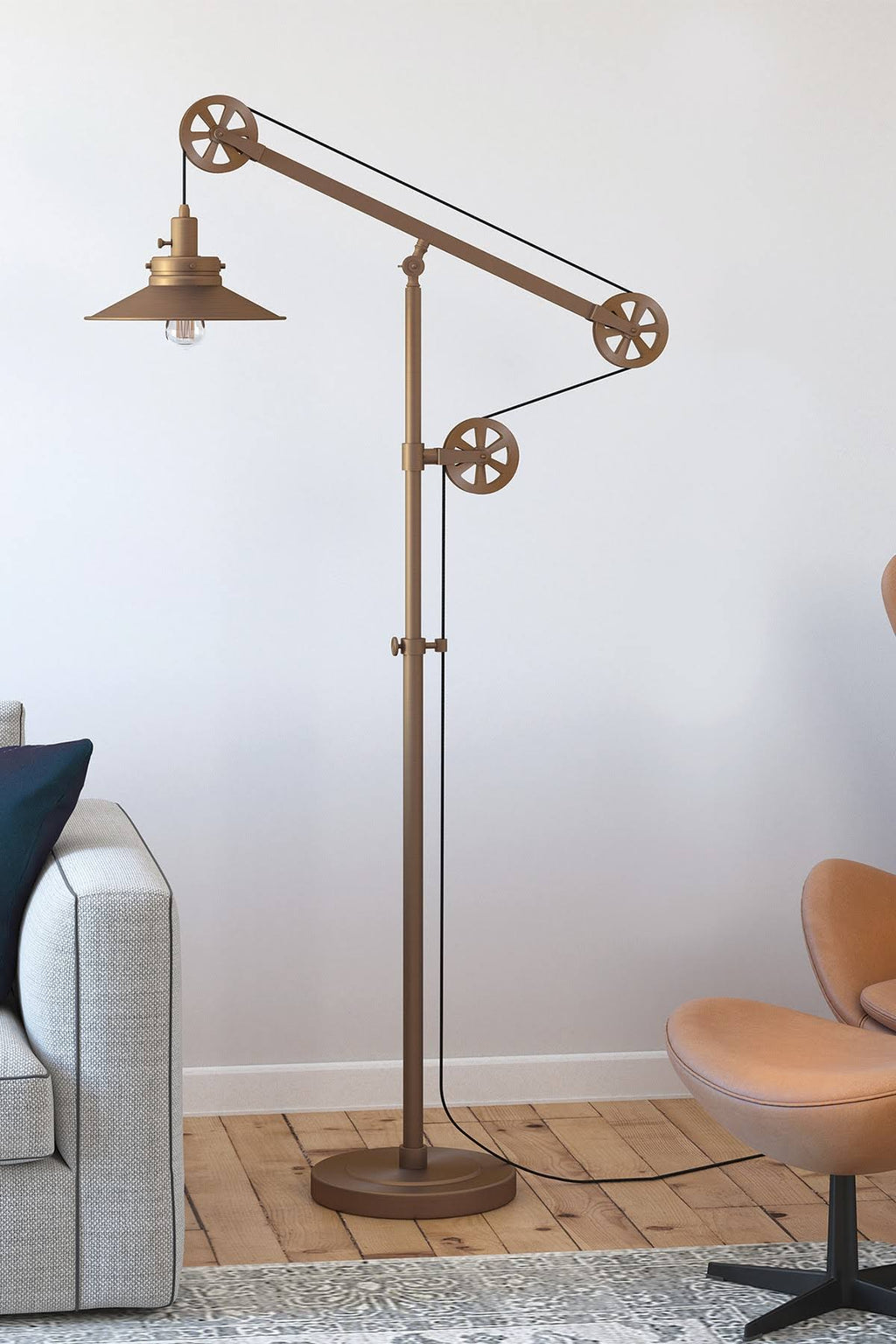 Brushed Brass Wide Brim Floor Lamp with Pulley System M2067