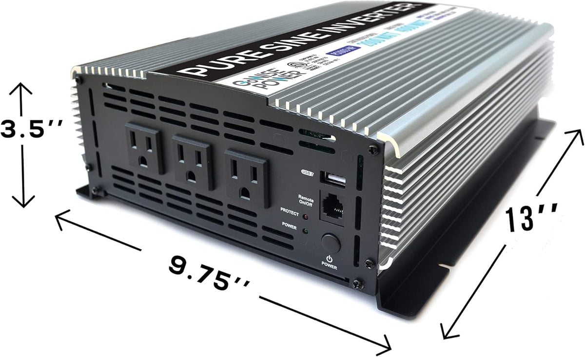 2000W Pure Sine Wave Power Inverter 12V DC to 120V AC with 3 AC Outlets and 1 5V USB Port U329