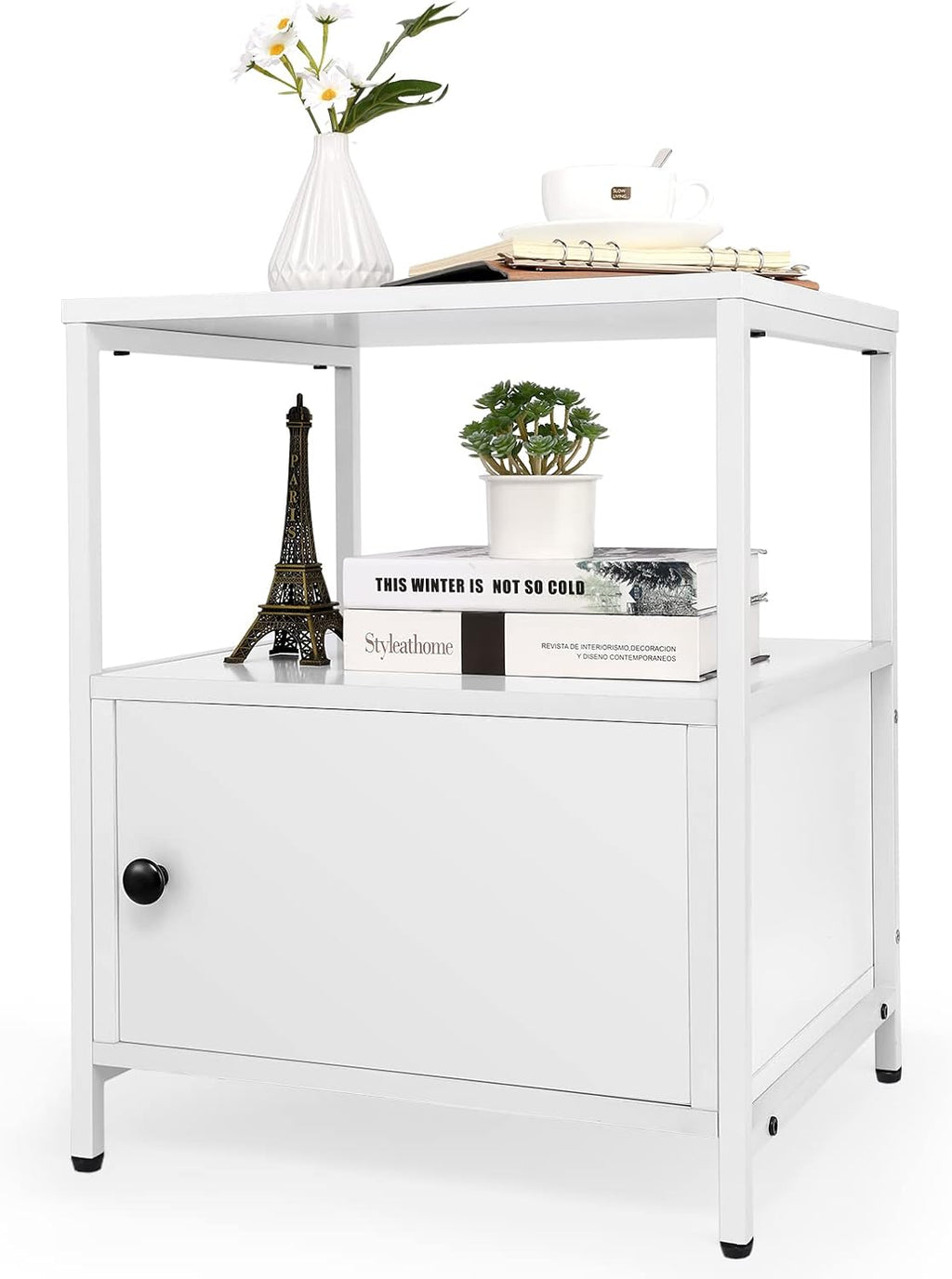 Black 3-Tier Wooden Nightstand with Storage Cabinet and Open Shelf W468602