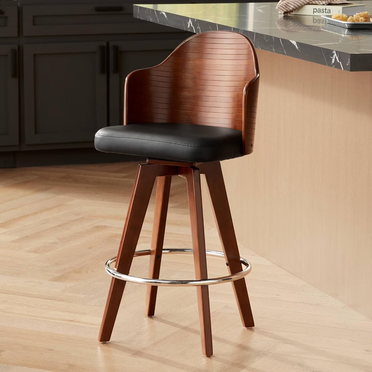 Dark Walnut Wood Swivel Stool with Backrest Footrest N94861