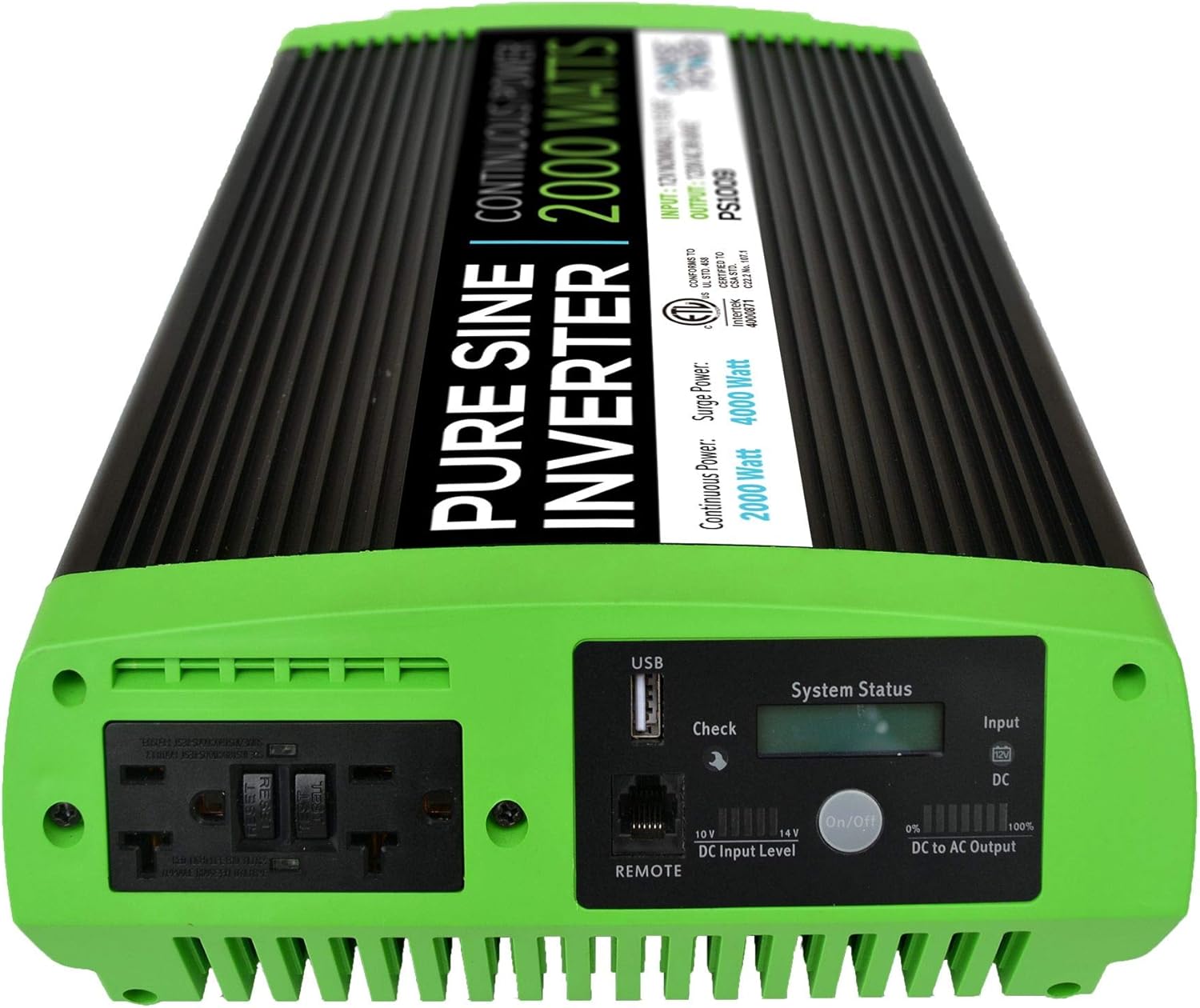 2000W Pure Sine Wave Power Inverter 12V DC to 120V AC with 3 AC Outlets and 1 5V USB Port U329