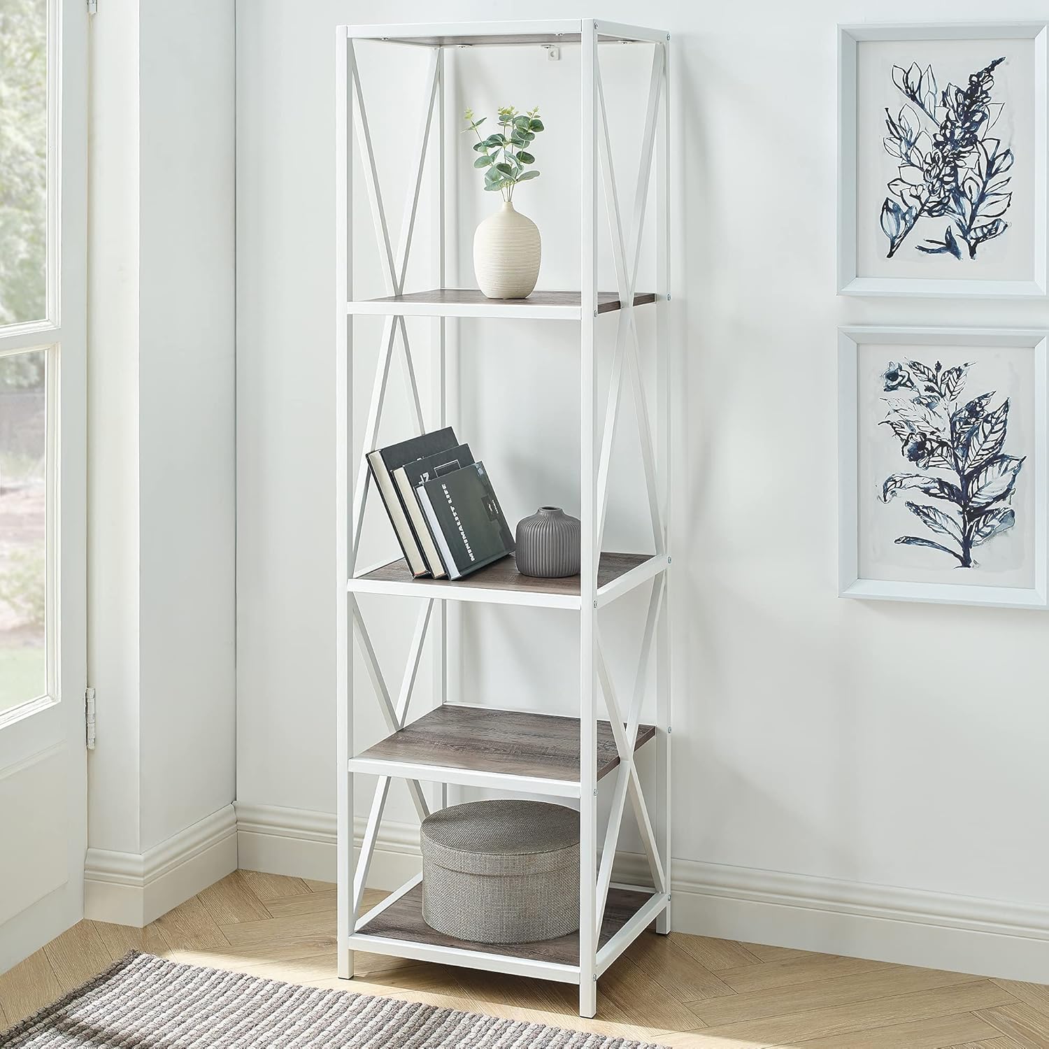 4 Tier Grey Metal Wood Bookcase L612027