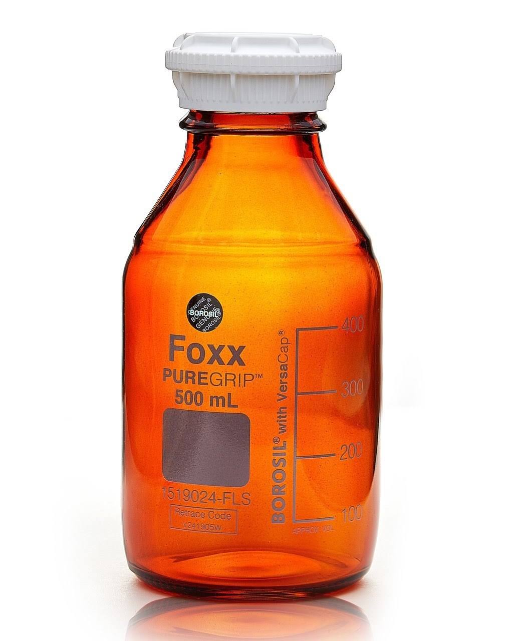 Amber Graduated Bottles with GL45 Screw Cap and Pouring Ring, 500ml, 10/Case P110527