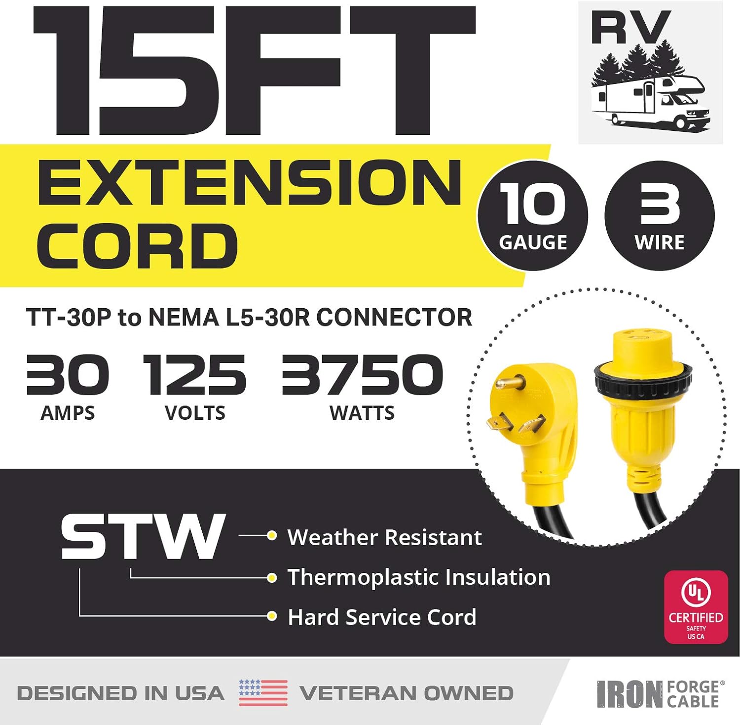 30 Amp RV Extension Cord 15 Ft 10/3 STW TT-30P to NEMA L5-30R 125v Power Cord Pack of 2 I852