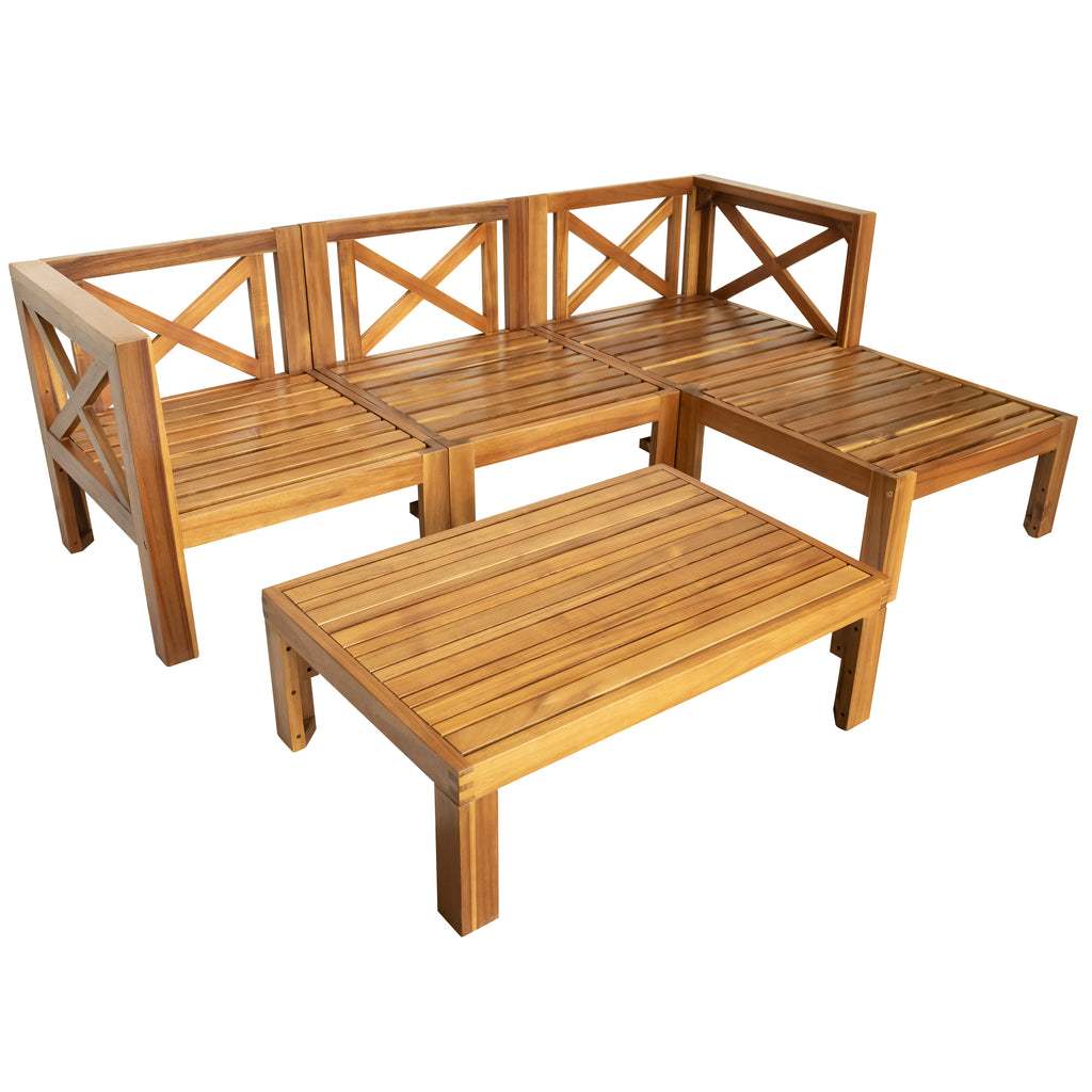 5 Piece Wood Patio Furniture Set with Blue Cushions and Coffee Table X55390