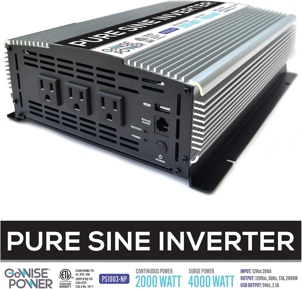 2000W Pure Sine Wave Power Inverter 12V DC to 120V AC with 3 AC Outlets and 1 5V USB Port U329