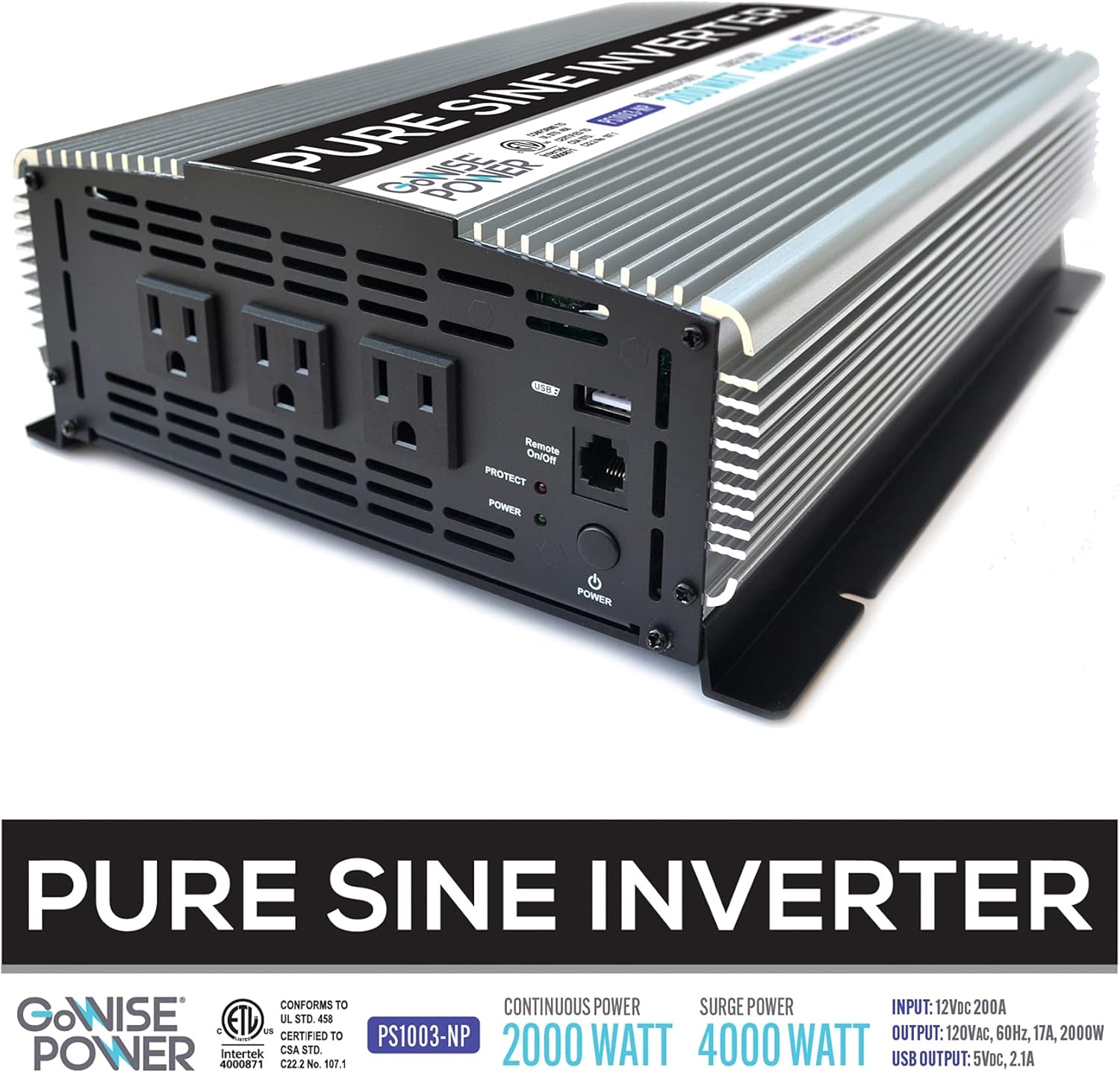 2000W Pure Sine Wave Power Inverter 12V DC to 120V AC with 3 AC Outlets and 1 5V USB Port U329