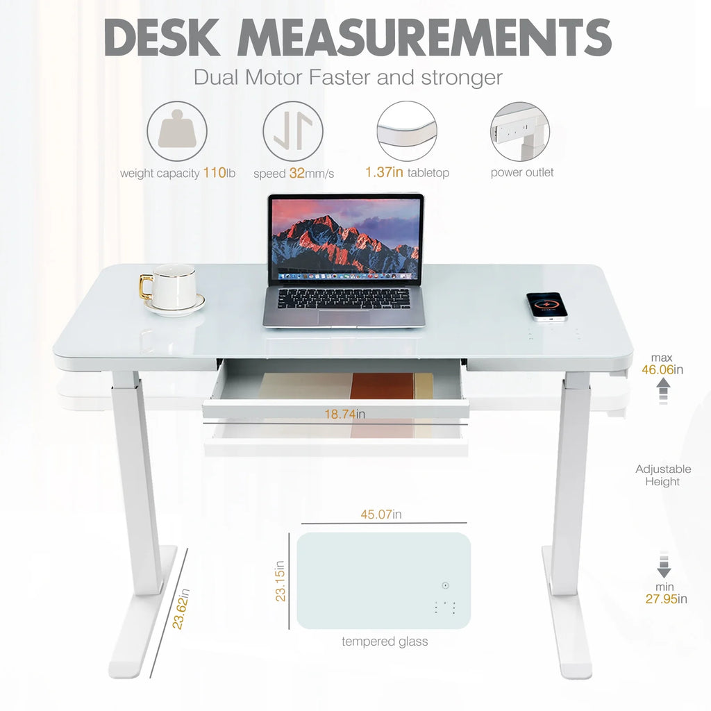 White Glass Standing Desk with Drawer I6269