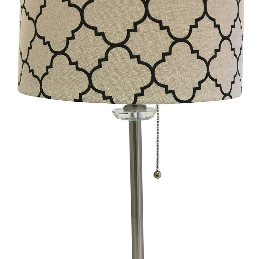28x22 Brushed Nickel Lamp with Eggshell and Black Moroccan Print Shallow Drum Hardback Lamp Shade N404888
