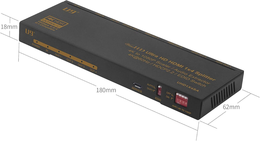 HDMI 1x2 Splitter & Audio Extractor, 4K@60Hz, HDR & Dolby Vision I9832