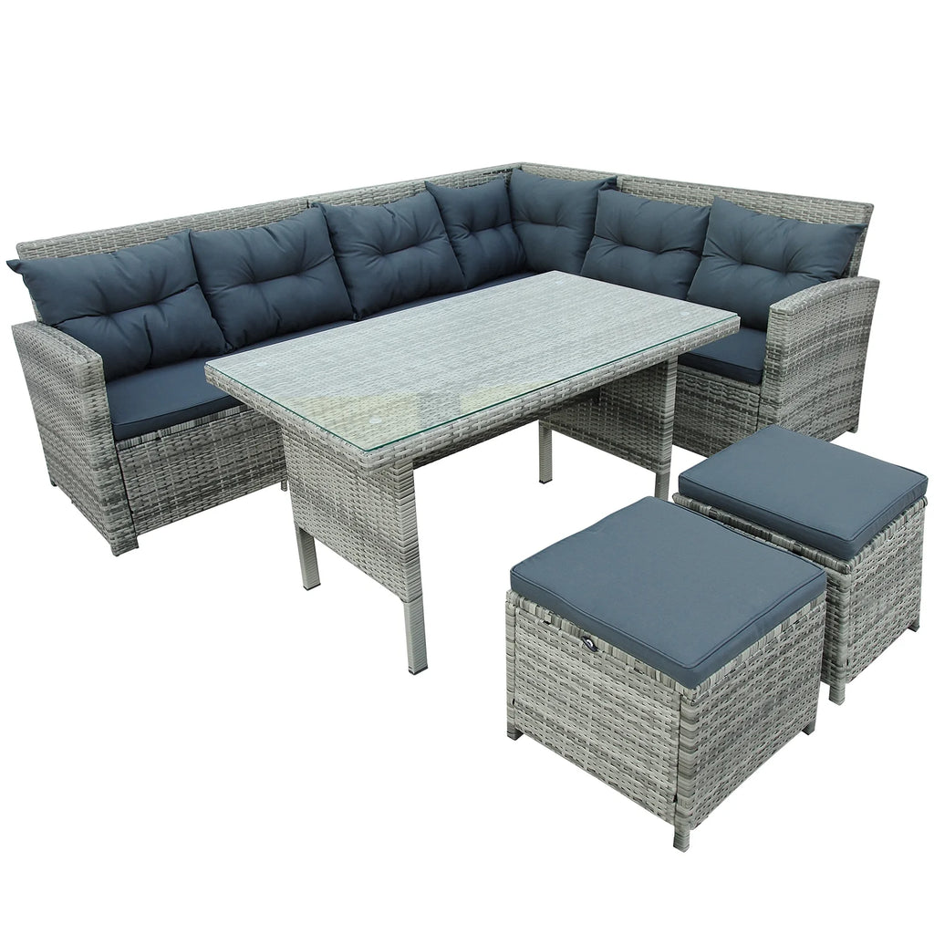 Gray 6 Piece PE Rattan Patio Sofa Set with Table Ottomans Cushions D340038