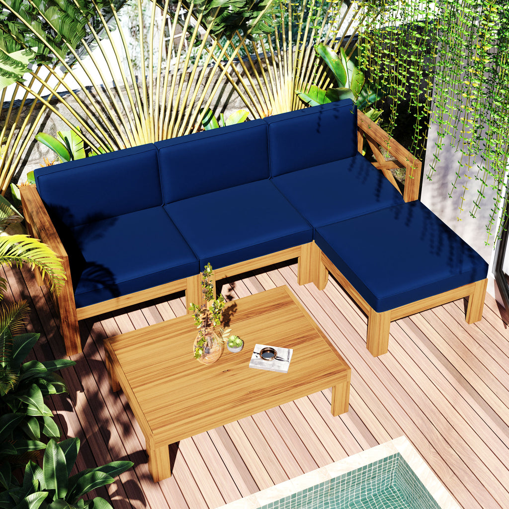 5 Piece Wood Patio Furniture Set with Blue Cushions and Coffee Table X55390