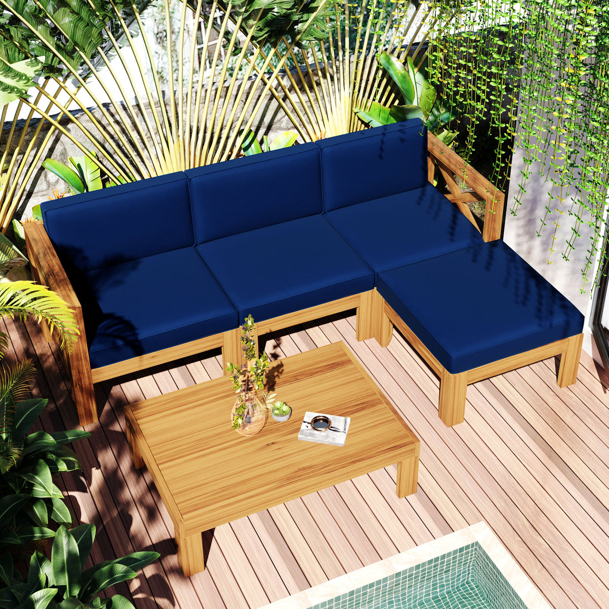 5 Piece Wood Patio Furniture Set with Blue Cushions and Coffee Table X55390
