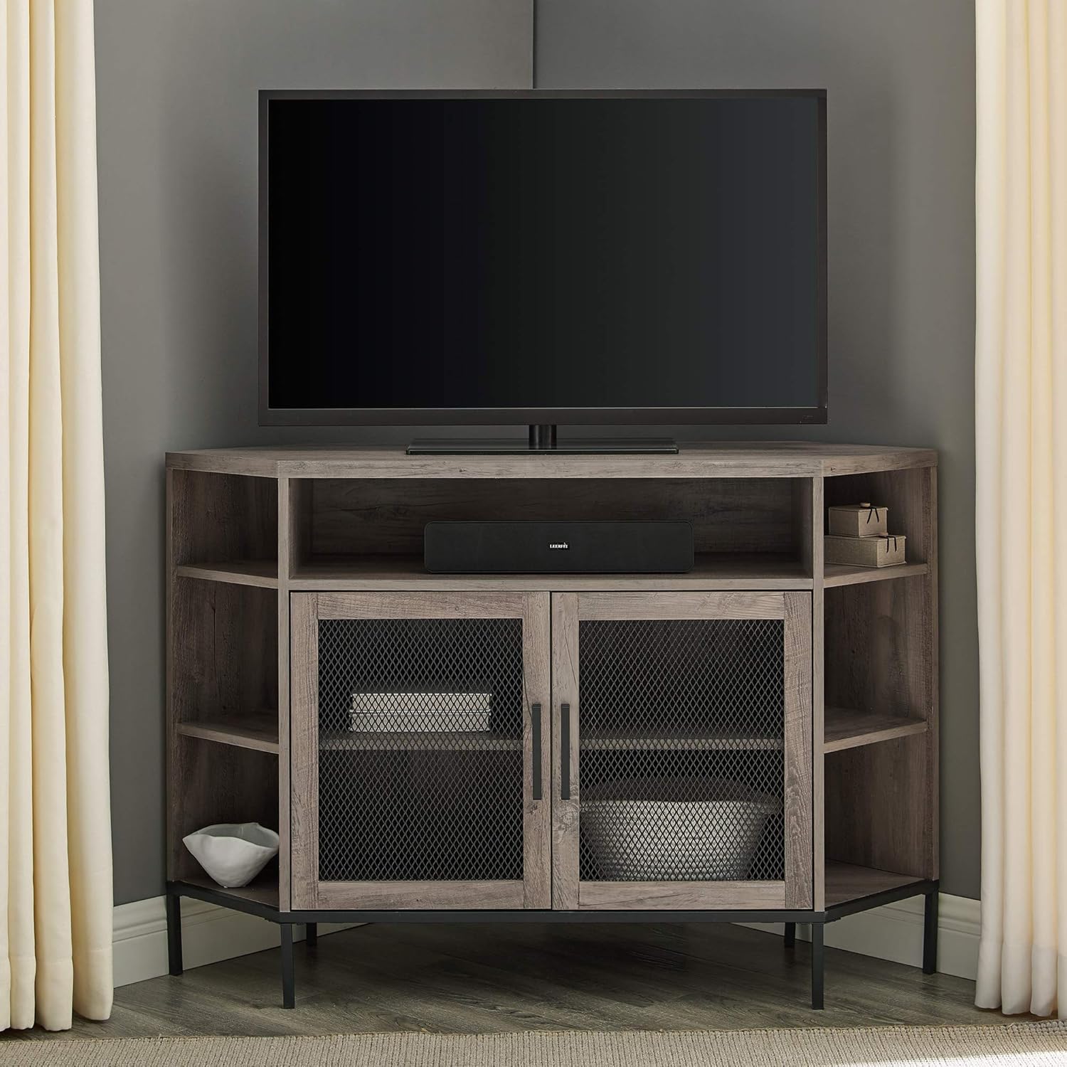 Rustic Oak 48 Inch Metal Mesh and Wood Corner TV Stand with Open Shelves Cabinet Doors Y927121