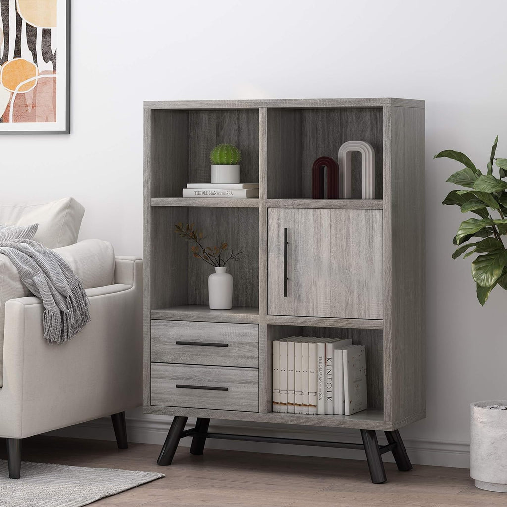 Brown Oak Black 6 Shelf Cabinet Q426953
