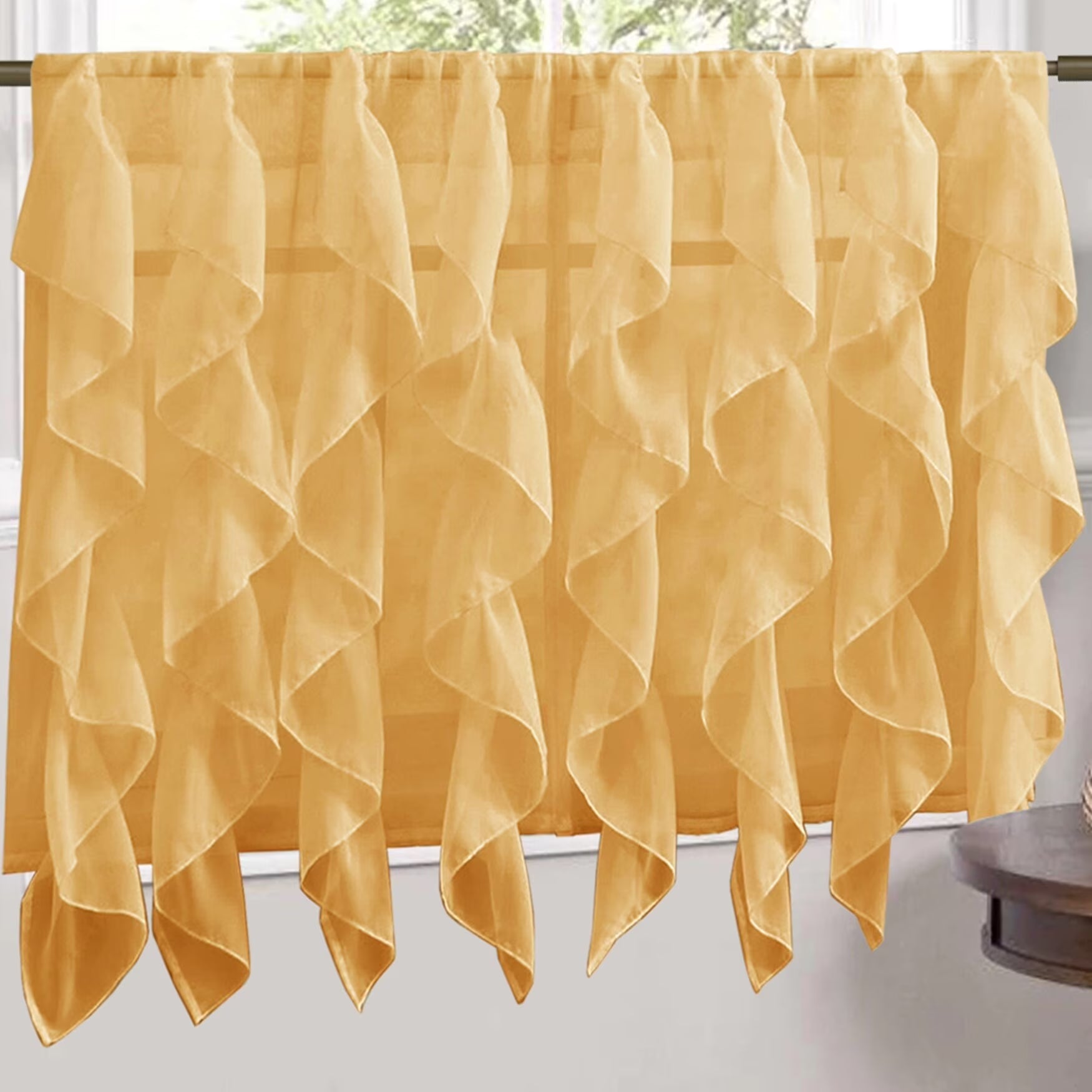 Camel Vertical Ruffled Waterfall Valance and Curtain Tiers 36" tier pair U202492