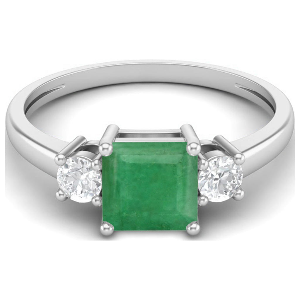 0.95 Ctw Princess Cut Square Emerald 925 Sterling Silver Trio Stone Ring I3001