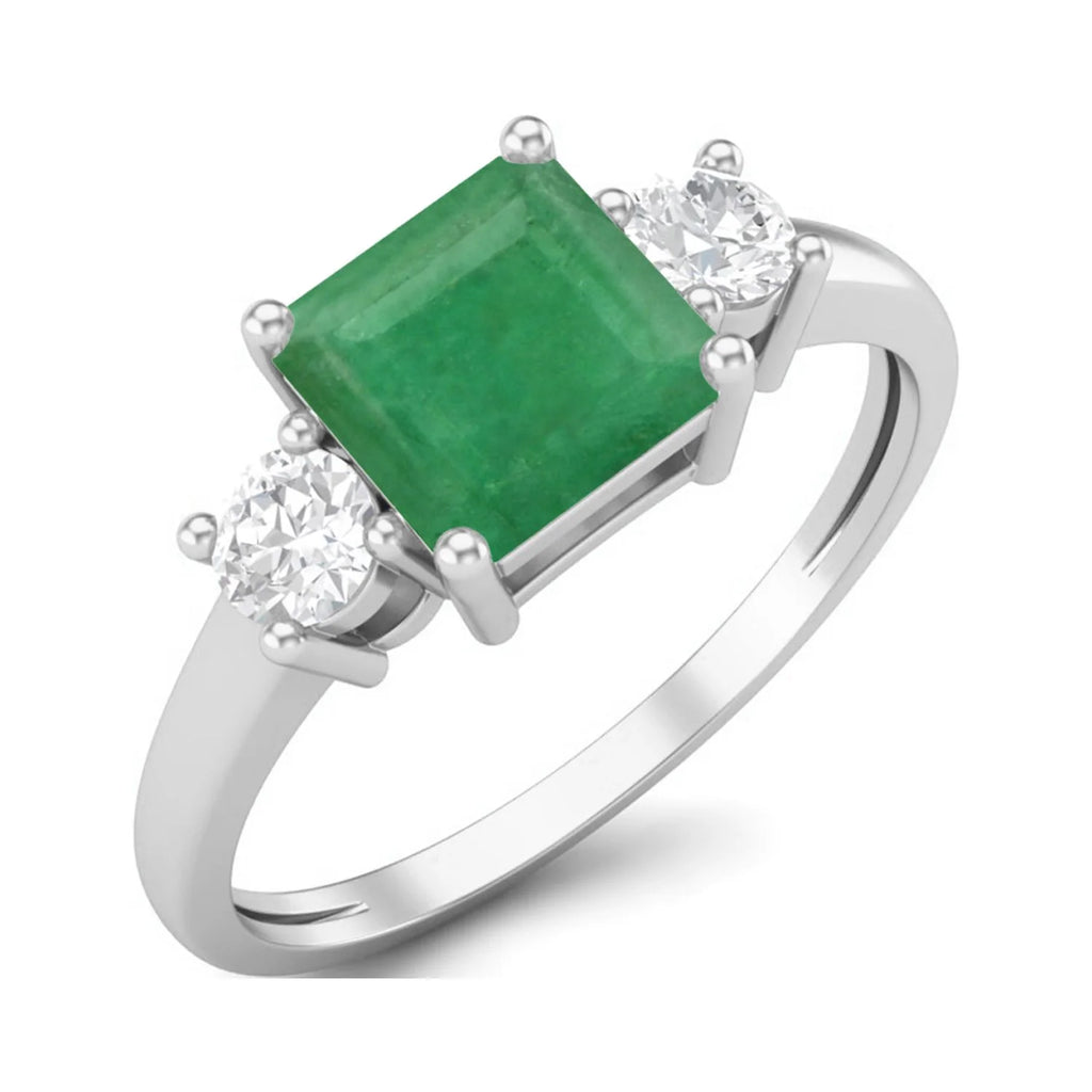 0.95 Ctw Princess Cut Square Emerald 925 Sterling Silver Trio Stone Ring I3001